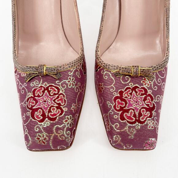 Vintage Prada Plum Gold Brocade Snakeskin Trim Bow Square Toe Heels IT 37.5 - Picture 7 of 13